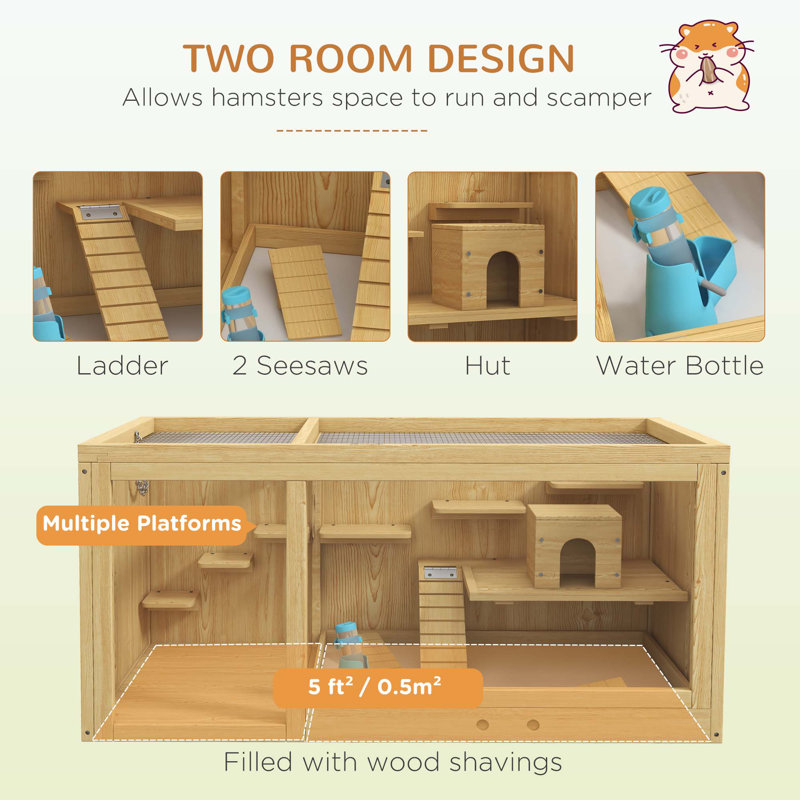 Versatile Wooden Hamster Cage with Multiple Play Features and Easy Maintenance