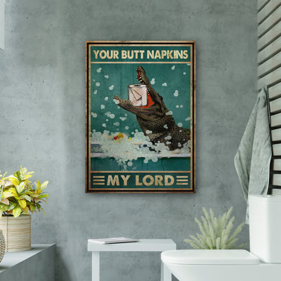 Crocodile - Your Napkins, My Lord, toile tendue avec châssis - décor d'illustrations animales pour salle de bain et lessive, décor de salle de bain noir et bleu-vert