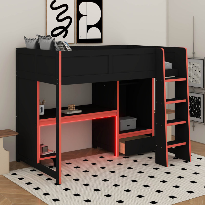 Lit mezzanine double en bois avec bureau intégré, garde-robe, DEL et tiroir, Double