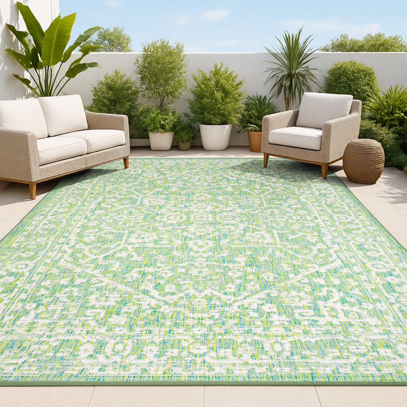 Tapis d'intérieur / extérieur crème / vert Massimo Bohemian Medallion, Rectangle 9 pi x 12 pi