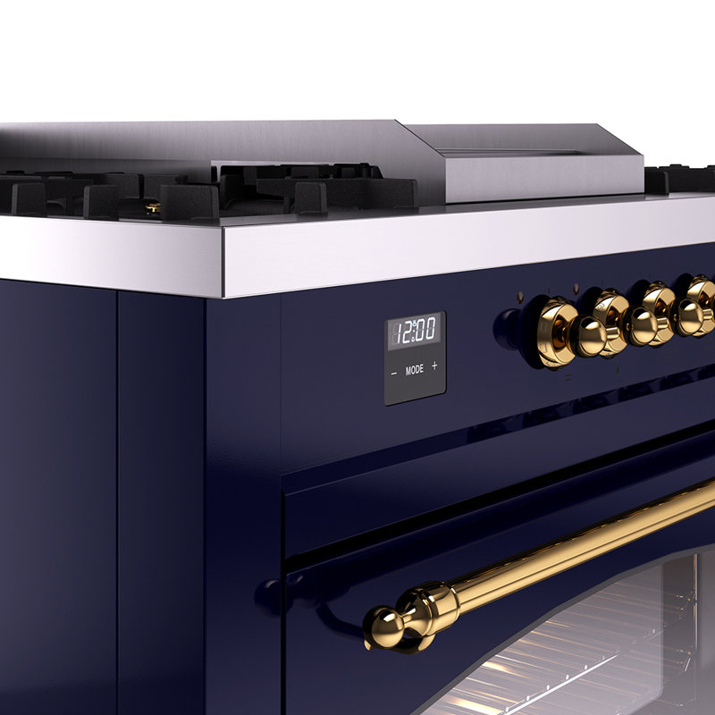ILVE Nostalgie II 60 Dual Fuel Range, 5 Burners, Griddle, Frenchtop , Natural Gas, Midnight Blue/Brass