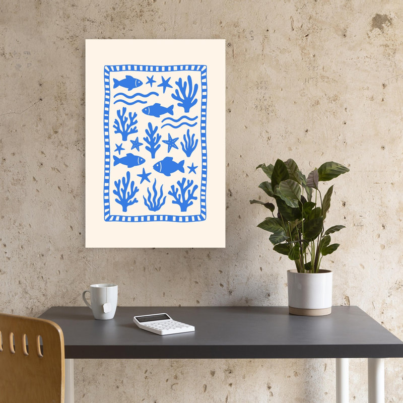 Blue Ocean Life Minimalist Peaceful Starfish Fish Coastal Wall Art Print 1 Piece Wrapped Canvas Wall Art