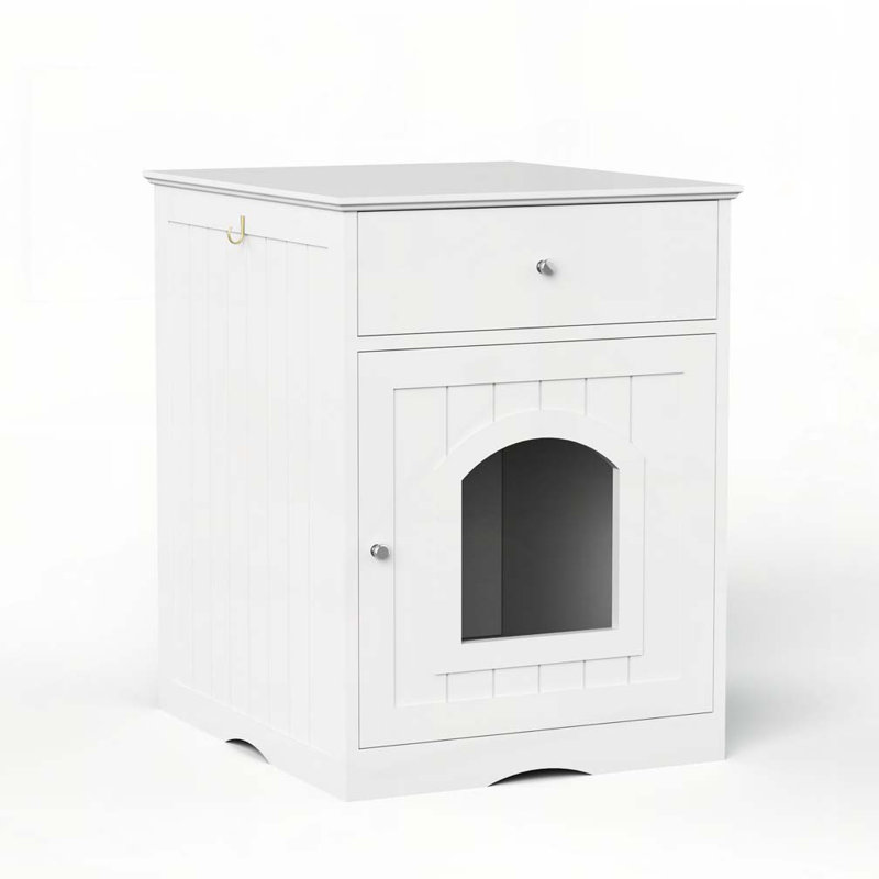 Enceinte en bois pour litière pour chat avec tiroir, table d'appoint, cage intérieure pour animal, table de chevet pour chat (blanc)