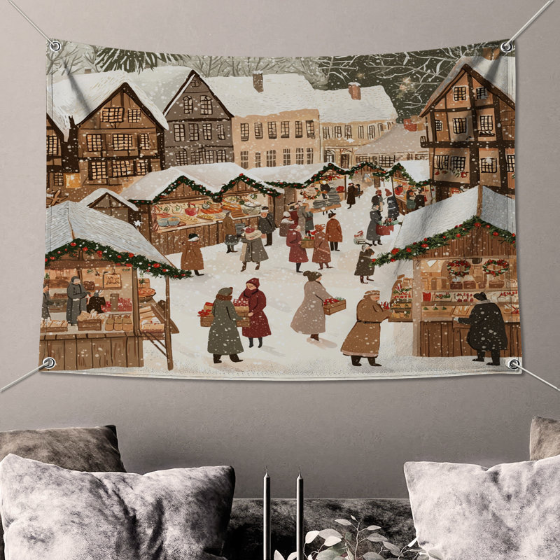Winter Market Scene Wall Tapestry - Christmas Wall Decor, 50in H x60in W with 4 Grommets