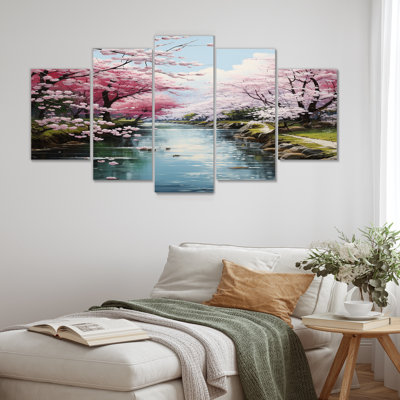 «Cherry Blossom Spring River», ensemble d'art mural 5 pièces