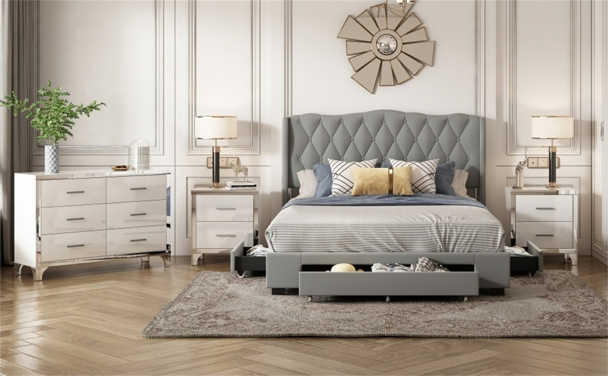 Mercer41 4-Pieces Bedroom Sets Queen Size Upholstered Bed With Three ...