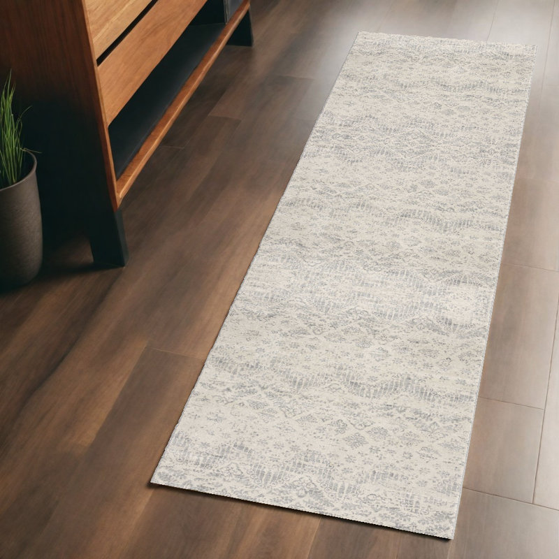 2’ X 6’ Ivory Distressed Ikat Pattern Area Rug