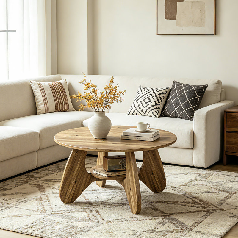 31.5" Circle Coffee Table for Living Room, 2-Tier Wood Accent Center Table with Open Storage, Oak