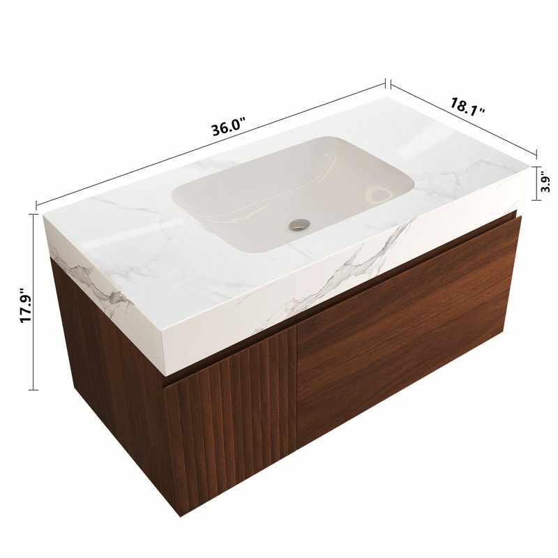 Meuble-lavabo suspendu de 91 cm (36 pouces) avec dessus en pierre frittée sans joint.