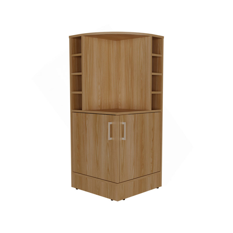 Armoire de bar de coin de 42 po de hauteur avec huit casiers à bouteilles de vin et armoire à deux portes Jakes Jake, Chêne