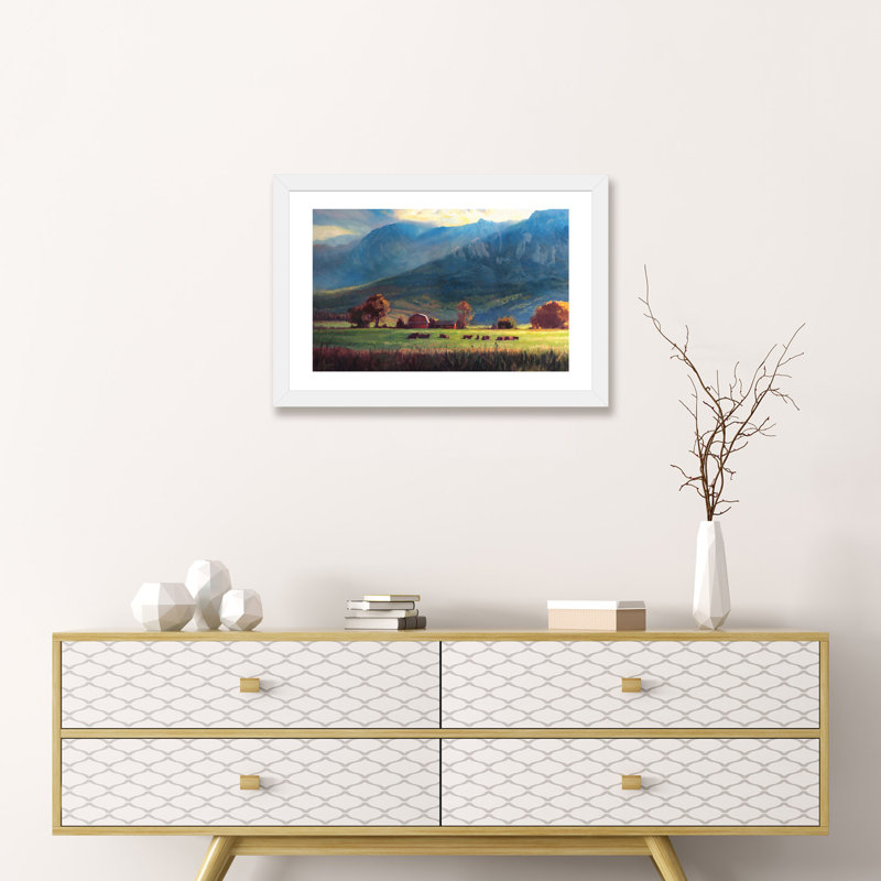 «Rocky Mountain Farm» par Christopher Clark, reproduction d'art, H 16 po x l 24 po x P 1 po, Papier encadré blanc