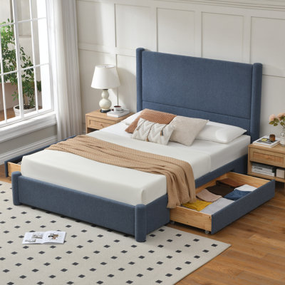 Lit plateforme rembourré Coletti avec tête de lit de 131,6 cm (51,8 po) de hauteur et 2 grands tiroirs de rangement en bois, bleu, format Queen