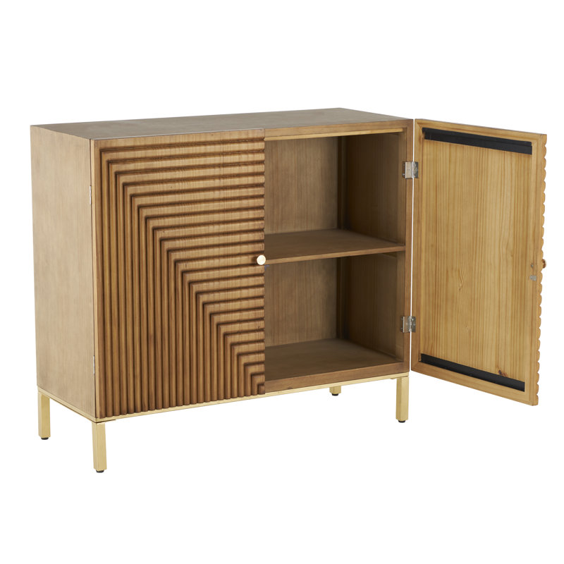 Seiter Wood Carved Square Geometric Brown Cabinet with Gold Accents