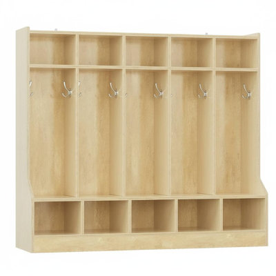  Kids Coat Locker with Bench – 10 Cubbies, 10 Hooks, 2 Storage Boxes, Storage Organizer – Smooth Wood Finish, Hidden Casters – Study Room, Nursery, Home Office – Trumpet Natural Wood Color