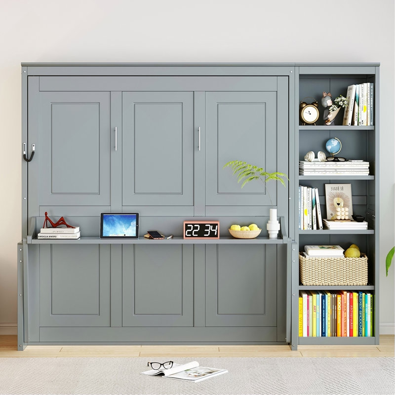 Grand lit escamotable avec bureau et bibliothèque, gris, Grey