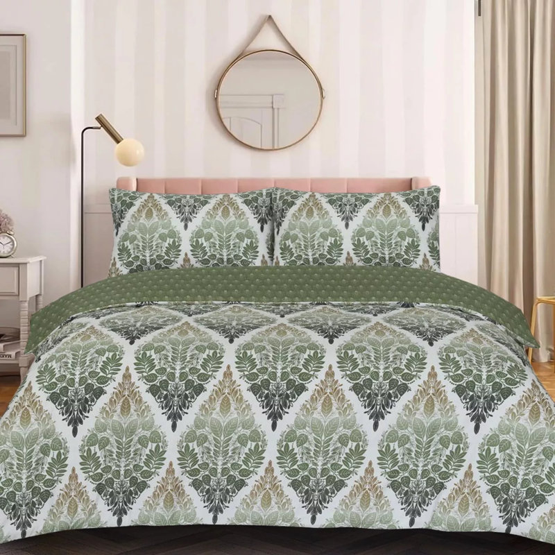 Cotton Duvet Cover Set with Pillowcases Included, Green Floral, Kingsize Duvet Cover Set + 2 Standard Pillowcases