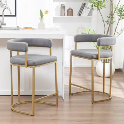 Ensemble de 2 tabourets de bar dorés à hauteur de comptoir, tabourets de bar modernes en velours avec dossier de baril, tabourets de comptoir rembourrés de 26 po pour îlot de cuisine, salle à manger, café, pub