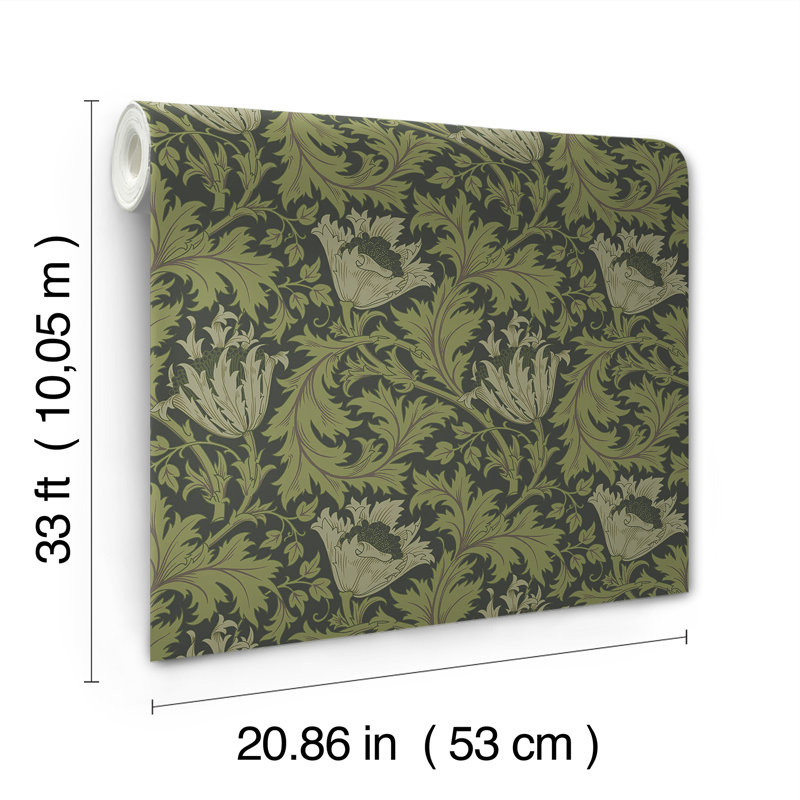 Anemone Floral Wallpaper Roll, Dark Green