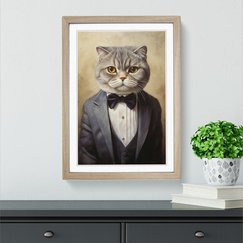 Cat In A Suit Painting No.6 - Single Picture Frame Print on Wood, Oak Framed, 64cm H x 46cm W