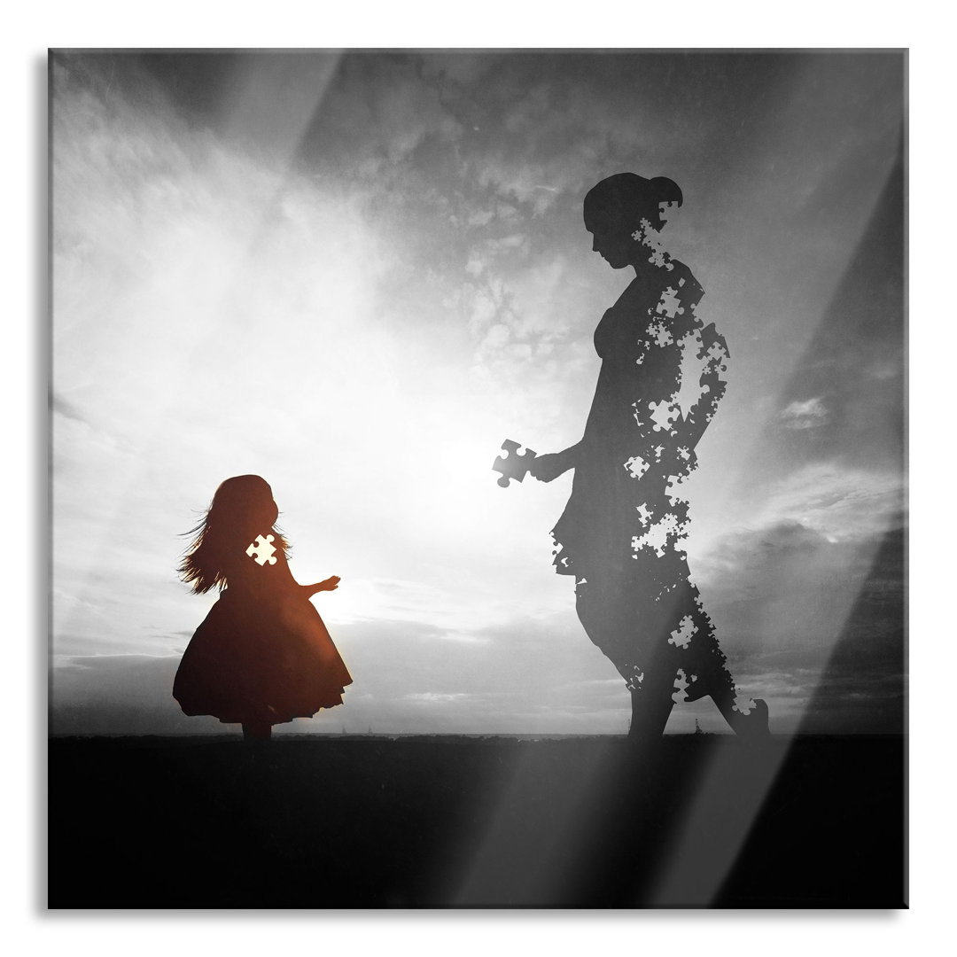 Glasbild Silhouette Puzzle Mutter und Kind