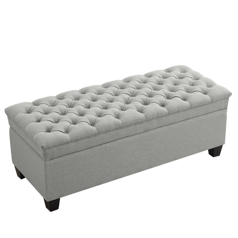 51" W Linen Upholstered Flip Top Storage Bench, Light Gray