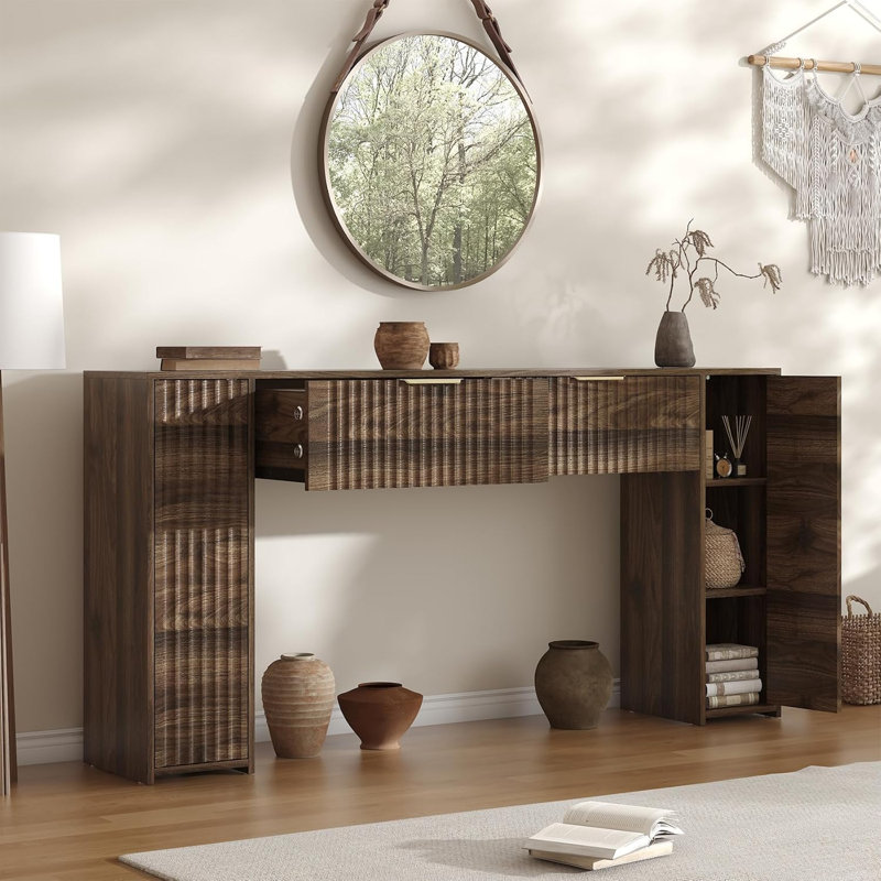 63" Fluted Console Table for Entryway, Entryway Table with 2 Drawres & Hidden Storage Cabinets, Brown