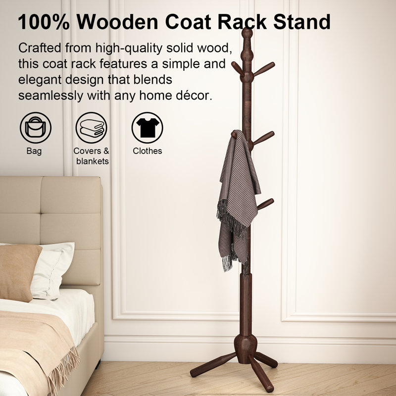 Solid Wood Coat Rack Stand, Vintage Heavy Duty Coat Hanger Stand With 9 Hooks, 3 Adjustable Size, Brown