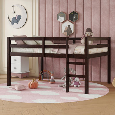 Lit mezzanine double en bois d'hévéa avec échelle, espresso
