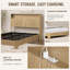 Structure de grand lit avec tête de lit et station de charge, lit en bois naturel cannelé avec support en métal réduisant le bruit-678252886