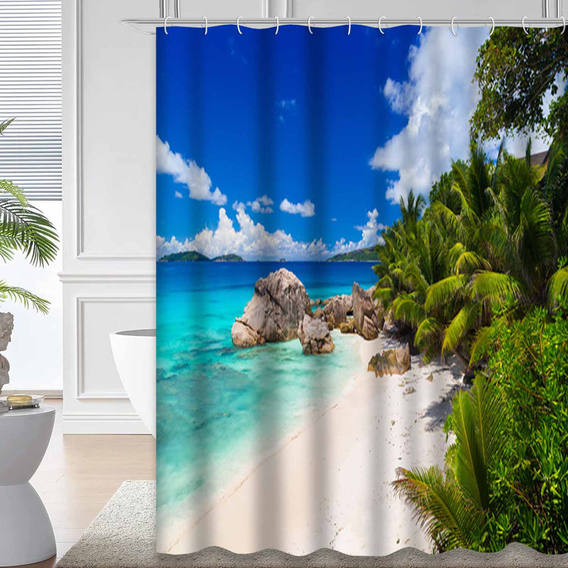 Incroyable plage tropicale, palmiers, île de granit, Afrique, avec 12 crochets, L 72 po x l 84 po