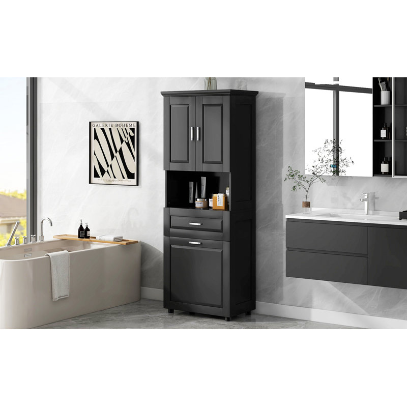 Tall Bathroom Cabinet With Laundry Basket And Drawer, Black