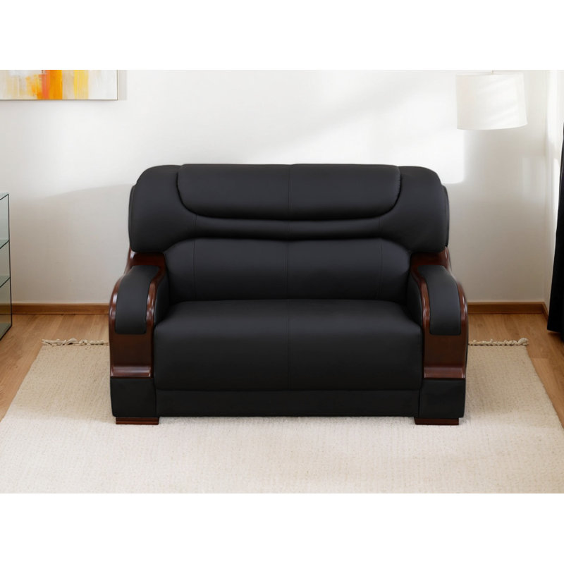 Diti 57" Wide Genuine Cowhide Leather Loveseat, Black Genuine Leather