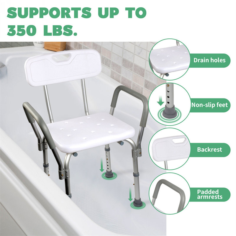 Medline Adjustable Shower Chair with Back & Armrests, 350 lb Capacity