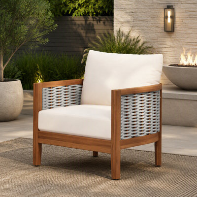 Chaise avec accoudoirs pour l'extérieur avec corde tissée, chaise de patio en bois d'acacia, siège profond avec coussins moelleux pour porche, jardin, cour arrière, balcon