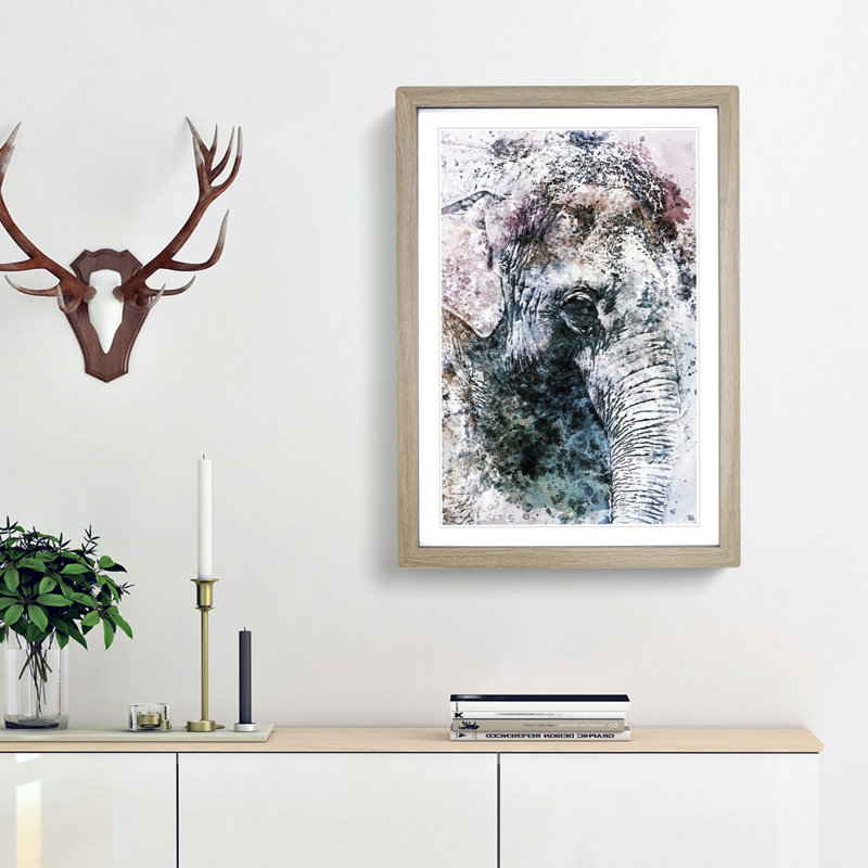 Graceful Elephant Portrait in Abstract - Picture Frame Painting Print, Oak Framed, 48cm H x 36cm W x 2cm D
