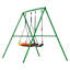 Green metal A-frame swing set with a multicolored circular platform swing and a green belt swing.