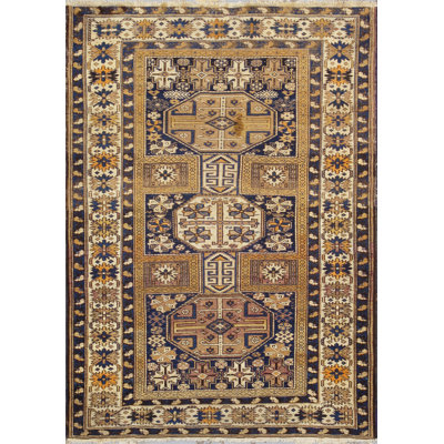 Kazak One-of-a-Kind Rectangle 3'9" X 5'4" 1910s Wool Area Rug in Black/Yellow