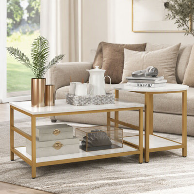 Coffee Tables Set Of 2, 2-Rier Rectangle And Round Coffee Table With Storage Shelves, Faux Marble Top And Steel Frame, Sofa Side Table For Living Room