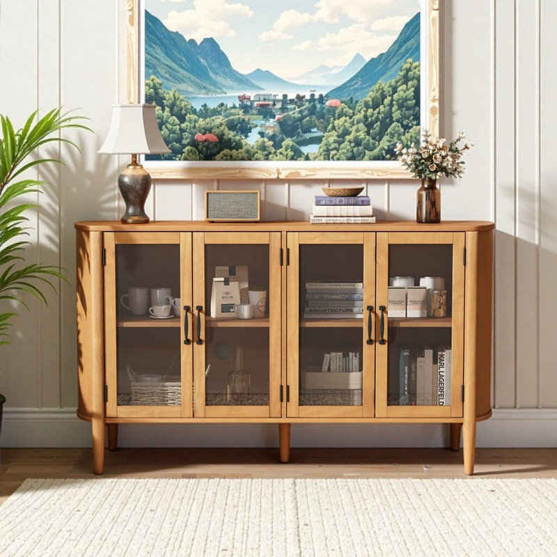 Armoire de rangement en bois massif et verre de 58 po avec 4 portes réglables, Naturel