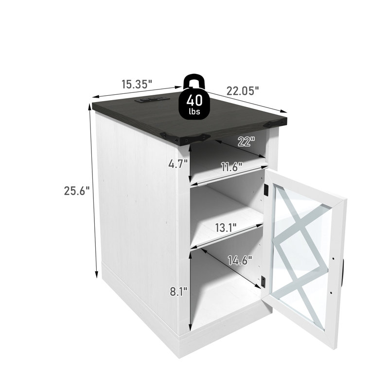 Table d'appoint multifonctionnelle en bois avec porte de grange, rangement à 3 niveaux et station de charge, pour les petits espaces de vie