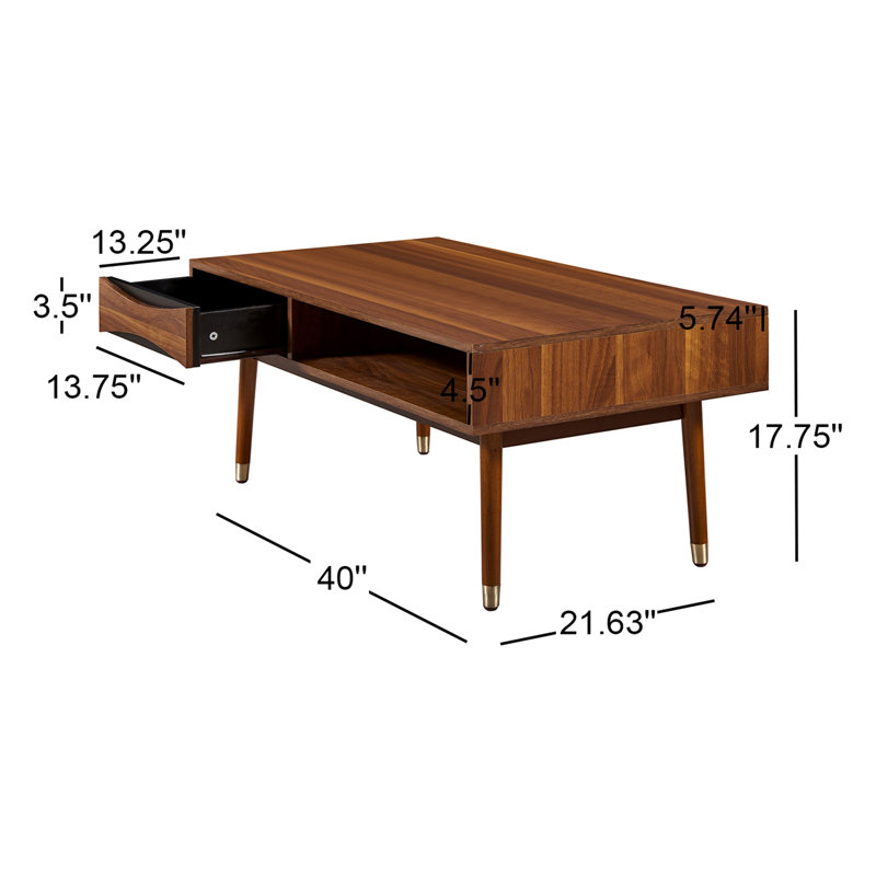 Dawson 40" Walnut Mid-Century Modern Coffee Table with Brass Accents