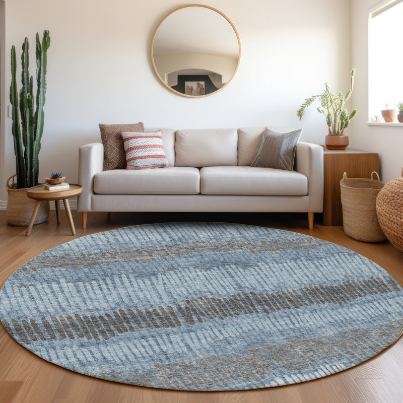 Premium Machine Washable Prisco Blue Rug, Round 8'