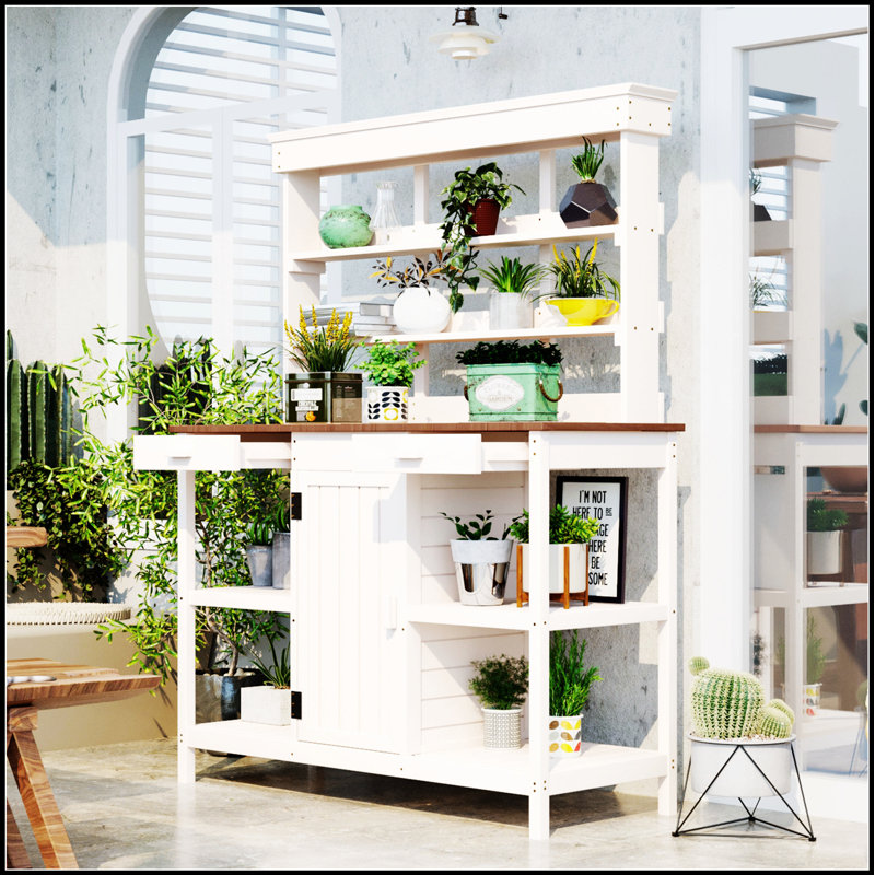 Grande table de rempotage en bois pour l'extérieur de 66 pouces avec 2 tiroirs, parfaite pour le jardinage et le rangement