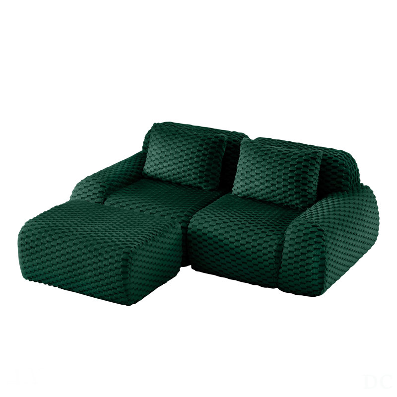 82 Inch Modern L-Shaped Modular Sectional Sofa, Flannelette Fabric, Oversized 2-Seater, Deep Seat, Movable Ottoman, Buckle Connection, Anti-Slip Design, No Assembly, Green