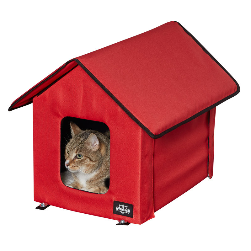 Red Heated Cat House with Sherpa Pad and Zippered Roof