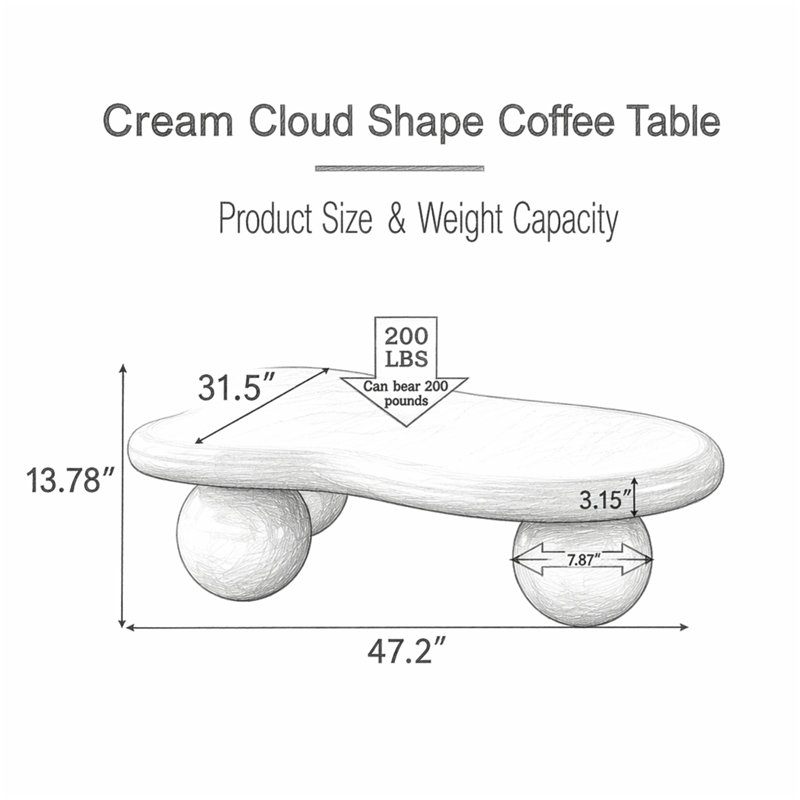 Table basse de 47 pouces en forme de nuage avec 3 pieds sphériques pour le salon, Blanc, crème