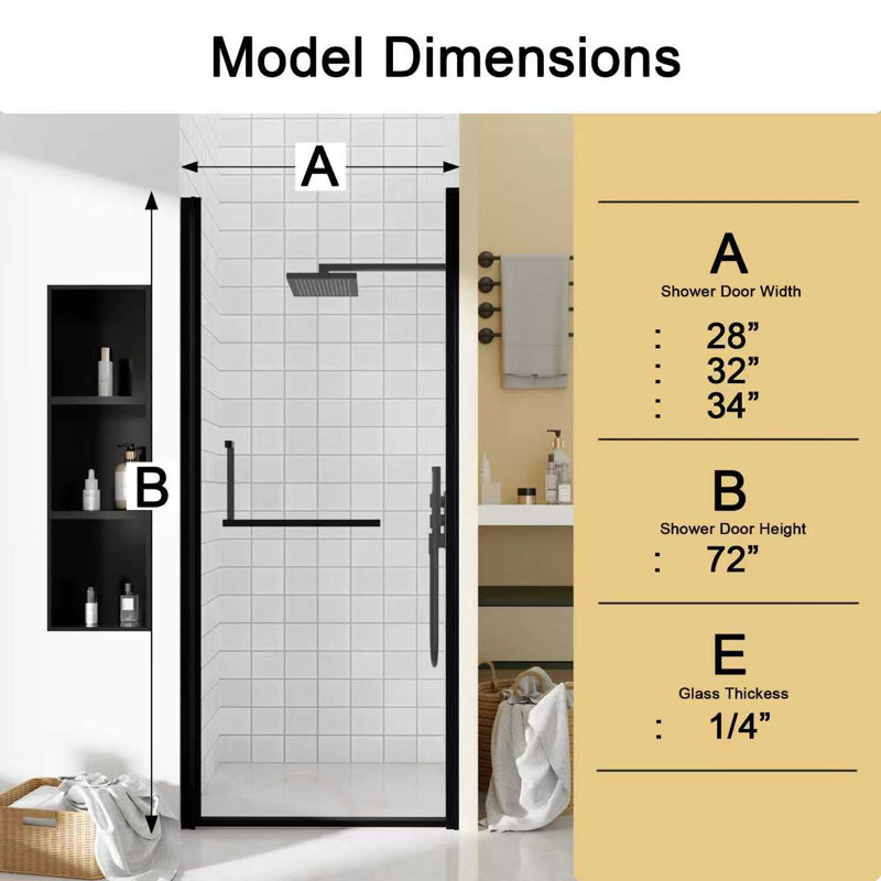 LEROKA Diverse Pivot Shower Door with 6mm (1/4 in.) Tempered Glass, 72" H x 35" W, Matte Black