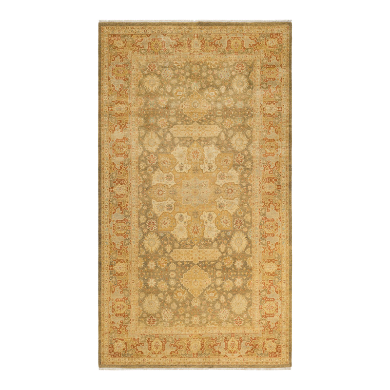 Tapis unique vert / ivoire noué à la main de conception unique 6 pi 3 po x 11 pi 1 po Keenan