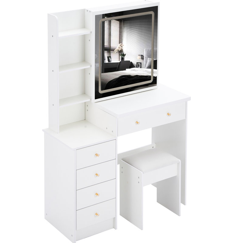 37" Bedside Vanity Table And Cushioned Stool , 2 Ac+2 Socket, Hair Dryer Stand, 24"X22" Touch Control Led Sliding Mirror With 3 - Color Switch, Ul Certificate, American Design Middle Size Cabinet
