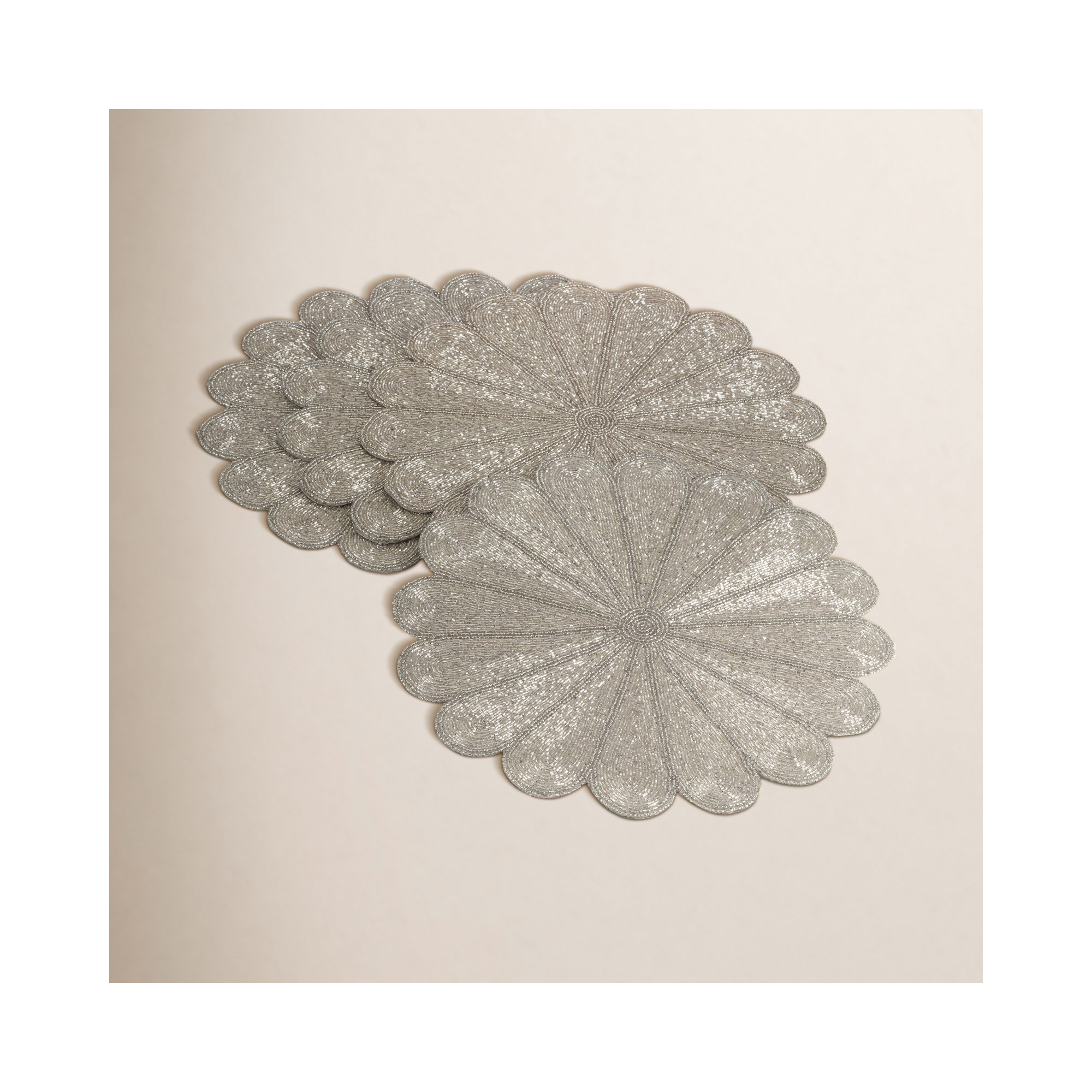 Kaeto Flower Design Beaded 15" Glass Placemat, Silver